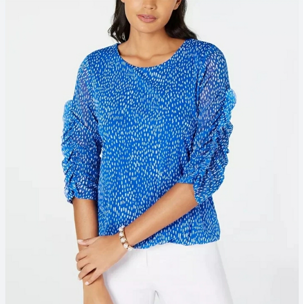 Alfani Blue White Mesh Bubble Sleeve Printed Dot Blouse Scoopneck Size Large